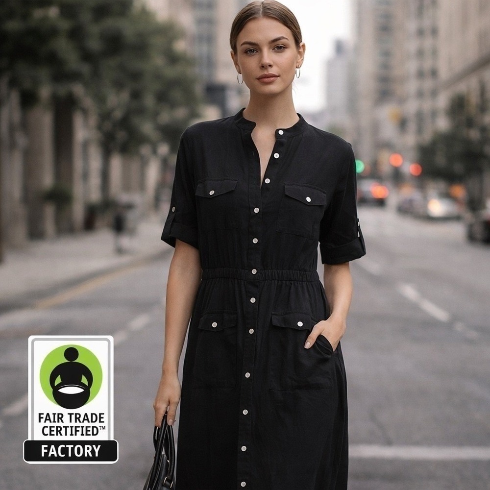 NWOT Black Tencel Utility Midi Dress Elastic Waist Capsule Shirtdress pockets XL